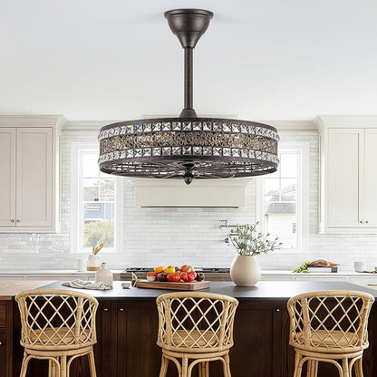 Vintage Chandelier Light Fixture 6-Light,Retro Antique Fandelier Ceiling Fan with Light, Decorative Traditional Crystal Bladeless Caged Enclosed Hanging Pendant for Bedroom, Dining Room, Living Room