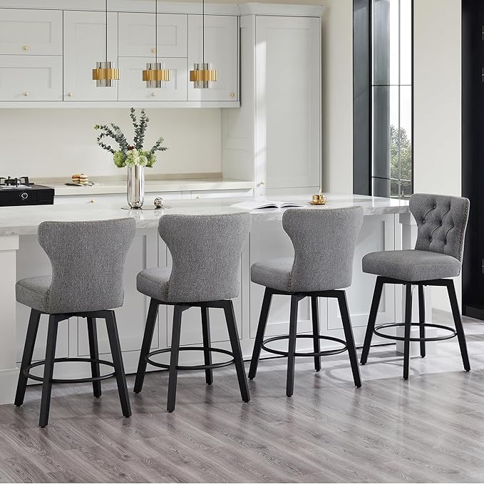 KISLOT Counter Height Barstools 26 inch Upholstered Button Tufted Swivel Bar Stools with Back for Kitchen Island,Set of 2,Dark Grey Fabric
