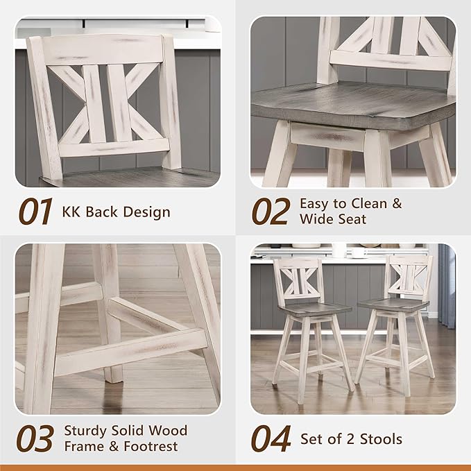 Lexicon Counter Height Stools Set of 2-Solid Wood Frame 360° Swivel Wooden Stools, Foot Rest, KK Back, Wide Seat, Distressed Farmhouse Easy to Clean Finish, 24" SH, Antique White/Grey