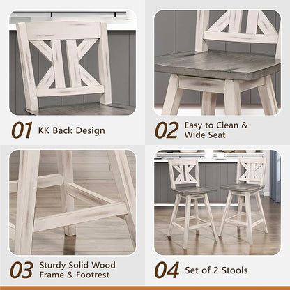 Lexicon Counter Height Stools Set of 2-Solid Wood Frame 360° Swivel Wooden Stools, Foot Rest, KK Back, Wide Seat, Distressed Farmhouse Easy to Clean Finish, 24" SH, Antique White/Grey
