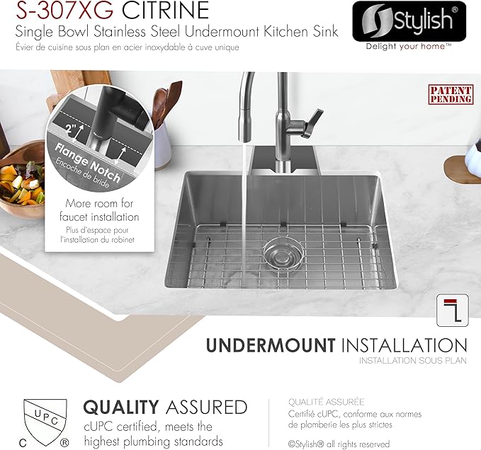 Stylish 23 x 18 Inch Undermount Kitchen Sink 16G Stainless Steel 10mm Radius Corners Single Bowl Kitchen Sinks with Bottom Grid and Luxury Basket Strainer, S-307XG