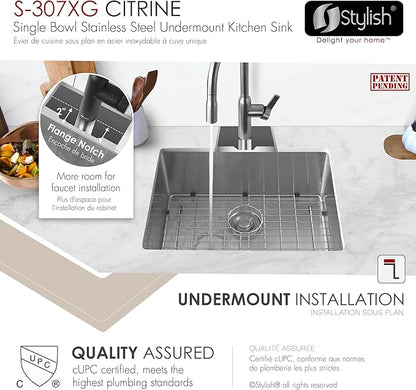 Stylish 23 x 18 Inch Undermount Kitchen Sink 16G Stainless Steel 10mm Radius Corners Single Bowl Kitchen Sinks with Bottom Grid and Luxury Basket Strainer, S-307XG