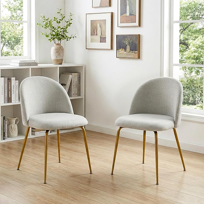 Casaphoria Dining Chairs Set of 2, Modern Gray and Gold Upholstered Accent Chairs with Metal Legs, Ergonomic Comfy Vanity Chair for Kitchen, Living Room, and Bedroom