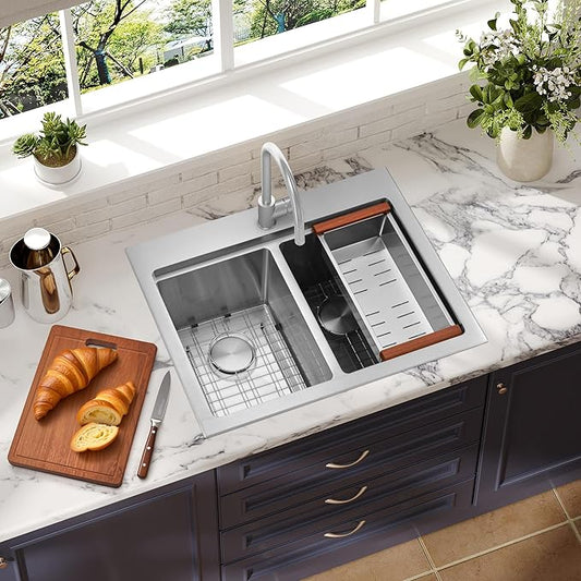 MILOSEN 26 Inch Double Bowl Kitchen Sink, 26''x22'' Drop in 16 Gauge T304 Stainless Steel Sinks, Workstation Sink 50/50 Topmount Double Basin with Accessories, 10'' Deep Laundry Outdoor Sinks