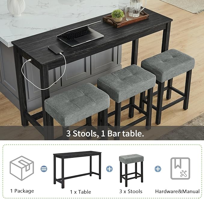 HMFULE 59'' Bar Table and Chairs Set with Power Outlet, Industrial Breakfast Table Set with 3 Padded Stools, Solid Wood Console Table Set for Living Dining Room, Black