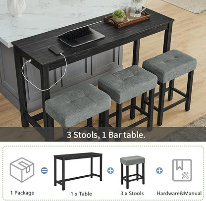 HMFULE 59'' Bar Table and Chairs Set with Power Outlet, Industrial Breakfast Table Set with 3 Padded Stools, Solid Wood Console Table Set for Living Dining Room, Black