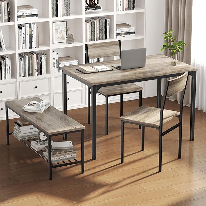 DUMOS Dining Table, Dining Table Set for 4 with Bench, Easy to Assemble Kitchen Table, Space-Saving Ideal 4-Person Set for Dining Room Kitchen Apartment Corner Gray 4 Pack