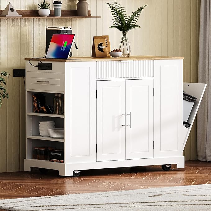 Modern Dining Table Kitchen Island with Drawers, Fluted Design, Power Outlet, Shelves, Mobile Rolling Cart for Dining Room and Kitchen,White-MDF