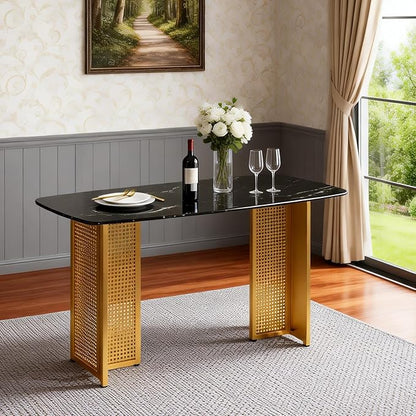 51" Black Marble Dining Table, 4-6 Person Modern Kitchen Dining Room Tables with Marble Pattern Tempered Glass Top and Golden Hollow-Out Metal Base, Space Saving Rectangle Dinner Table for Home
