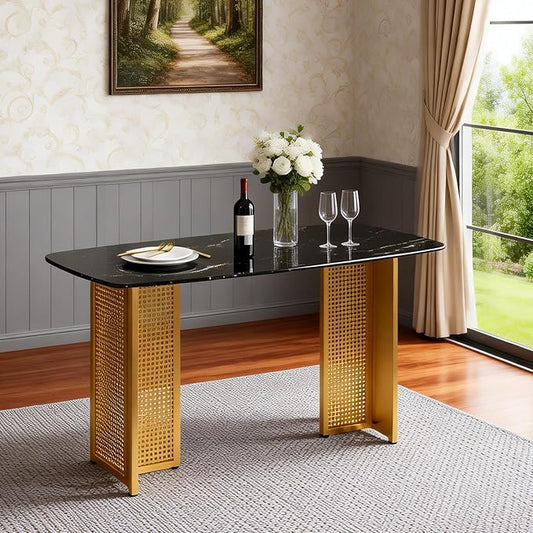 51" Black Marble Dining Table, 4-6 Person Modern Kitchen Dining Room Tables with Marble Pattern Tempered Glass Top and Golden Hollow-Out Metal Base, Space Saving Rectangle Dinner Table for Home
