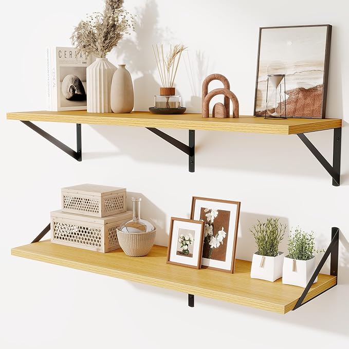 Acovy Deep Floating Shelves for Wall,36" Wx10 D Wood Wall Shelves with Metal Brackets,Hanging Storage Floating Shelf for Living Room,Bedroom,Bathroom,Office,Kitchen,Oak
