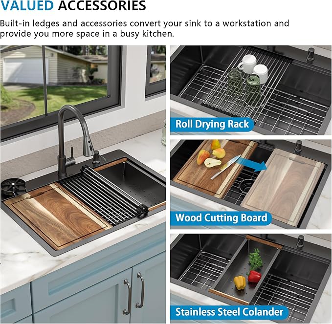 28"x22" Drop In Kitchen Sink Ledge Workstation – Gunmetal Black NANO-PVD, 16 Gauge 304 Stainless Steel Top Mount Single Bowl Sink Basin with Faucet Combo & Glass Rinser
