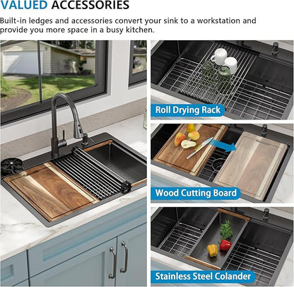 30"x22" Drop In Kitchen Sink Ledge Workstation – Gunmetal Black NANO-PVD, 16 Gauge 304 Stainless Steel Top Mount Single Bowl Sink Basin with Faucet Combo & Glass Rinser