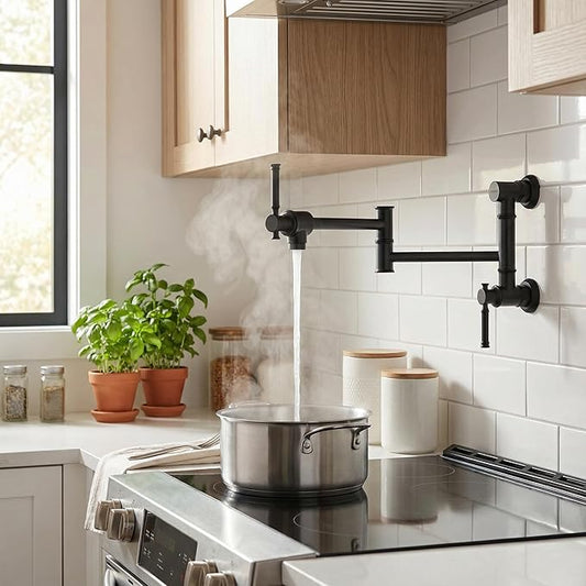 Lava Odoro Matte Black Pot Filler Faucet, Two Attachment Pot Filler, Contemporary Wall Mount Folding Kitchen Pot Filler with Swing Arm, PF312-MB
