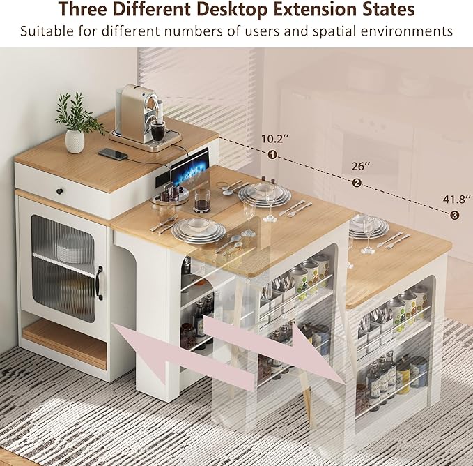 59.5" Kitchen Island with Extendable Dining Table, Double-Sided Storage, 2 Drawers, and Built-in Power Outlet, Black (White)