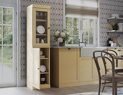 Palace Imports Solid Wood Kitchen Pantry - Narrow Storage Cabinet - 16.5" Wide x 71.5" Tall - 1 Raised Panel & 1 Glass Door, Adjustable Shelves, Yellow, 100% Eco-Friendly Wood, Modular Cabinets