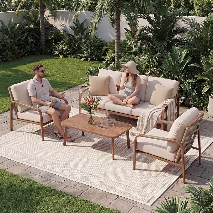 Aluminum Patio Sofa Set, 4-Piece Outdoor Furniture with Coffee Table and Cushions, Garden and Balcony Conversation Set, Beige