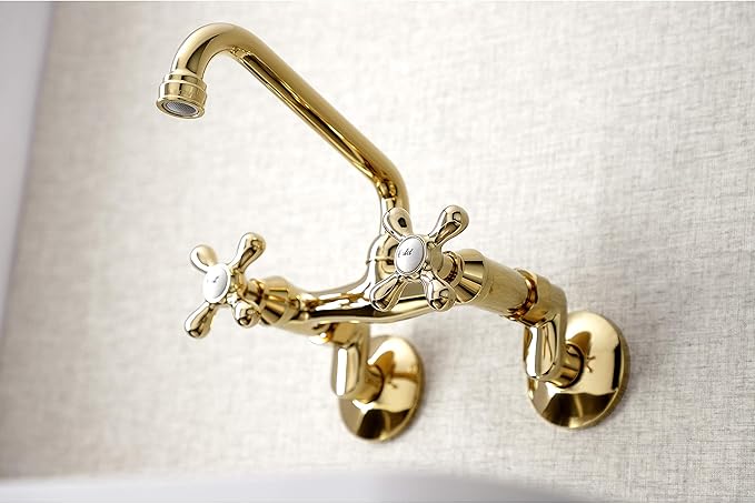 Kingston Brass KS213PB Victorian Two Handle Wall Mount Kitchen Faucet, 7-Inch, Polished Brass