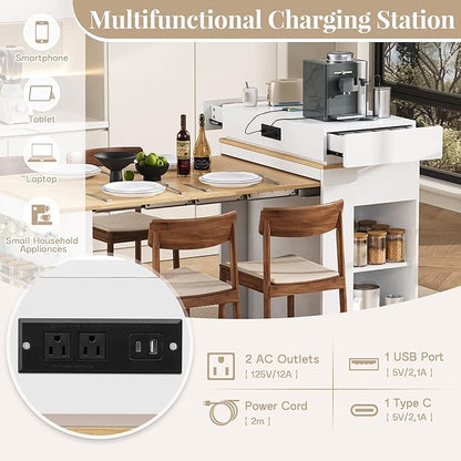 Extendable Dining Table with Folding Tabletop,Bar Table with Drawers and Power Outlet,Kitchen Island with Wheels and Hooks,for Dining Room (Creamy White+Natural/)