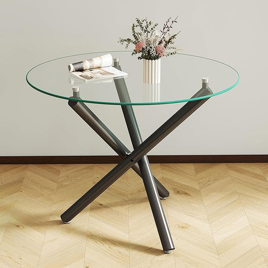 35.4'' Round Dining Table for 4 or 2, Glass Small Kitchen Table with Black Metal Tube Legs for Dining Room Living Room, Round Accent Tea Table Circular Dining Table