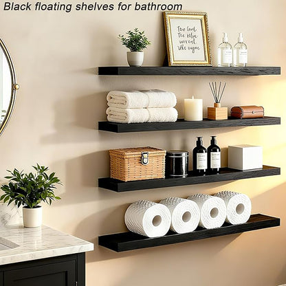 ROGMARS Black Floating Shelves for Wall 36 inch,Rustic Solid Wood Farmhouse Wooden Floating Wall Shelves with Invisible Brackets for Bedroom,Living Room, Kitchen, Bathroom,Set of 4