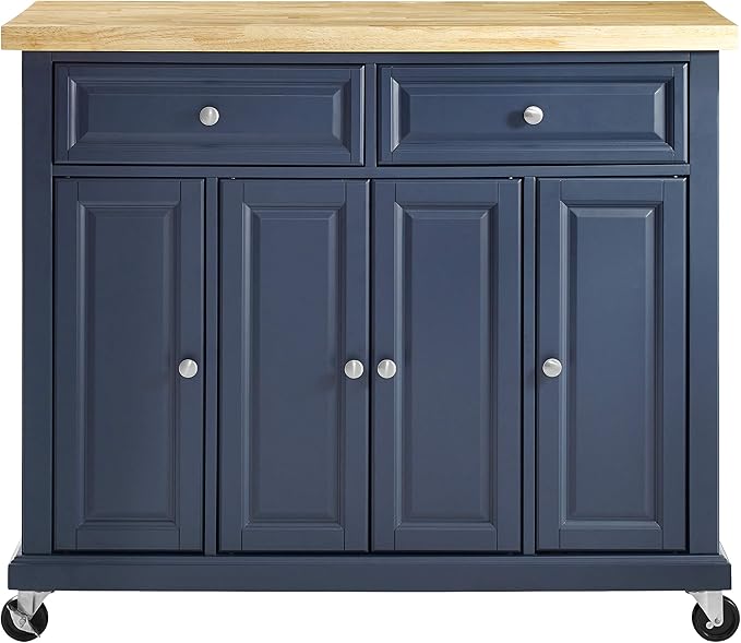 Crosley Furniture Madison Madison Rolling Kitchen Island Cart, Microwave Stand, Coffee Bar, with Shelves and Drawers, Navy