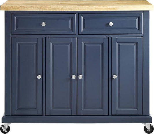 Crosley Furniture Madison Madison Rolling Kitchen Island Cart, Microwave Stand, Coffee Bar, with Shelves and Drawers, Navy