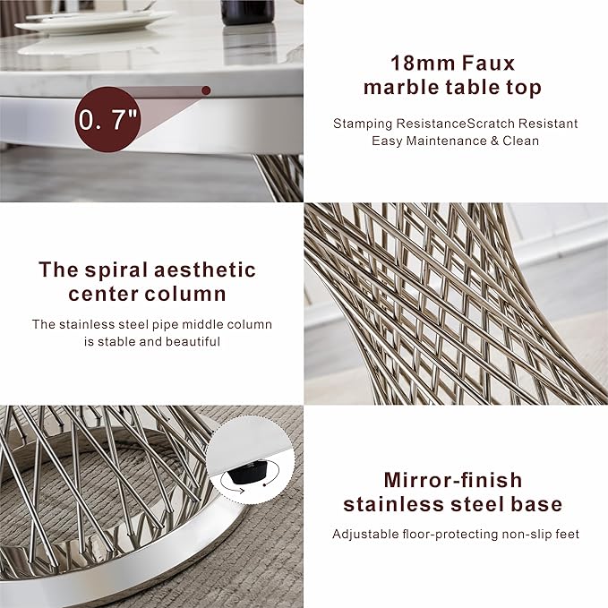 47" Round Marble Dining Table for 4-6, Luxury Modern Kitchen Table with Marble Grain MDF tabletop & Silver Mirrored Stainless Steel Pedestal Base, White Stone Dinner Table for Dining Room (Table Only)