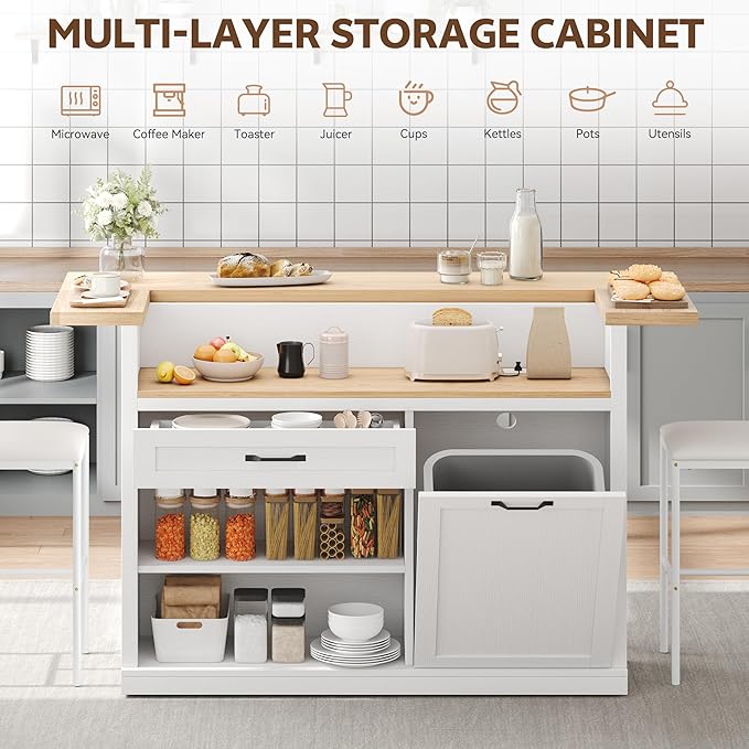 Kitchen Island with Seating, Rolling Kitchen Islands with Storage, 55" W Large Island Table, Breakfast Bar Counter with Drop Leaf, Trash Can Cabinet, Power Outlet for Dining Room, White