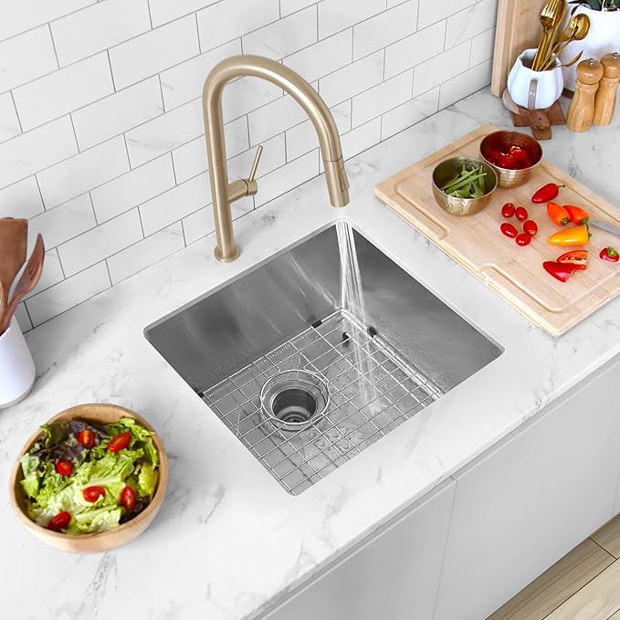 Stylish 19 x 18 Inch Undermount Kitchen Sink 16G Stainless Steel 10mm Radius Corners Single Bowl Kitchen Sinks with Bottom Grid and Luxury Basket Strainer, S-308XG