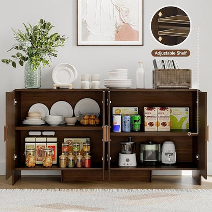 ONBRILL 60" Sideboard Buffet Cabinet with Storage, Curved Design Farmhouse Modern Coffee Bar Cabinet with 4 Doors & Adjustable Shelves for Living Room, Kitchen, Hallway, Walnut