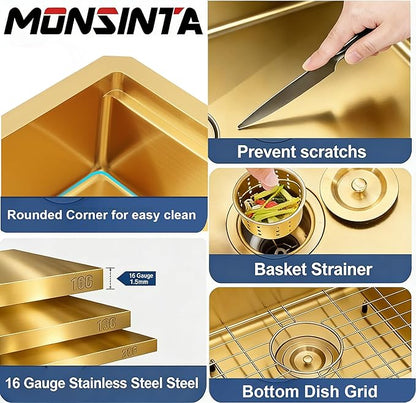 Gold Double Farmhouse kitchen Sink,16-Gauge SUS304 Stainless Steel Farm Sinks, 50/50 Apron Front Features Workstaion Sink With Accessories,33''×20''×10" Large and Deep Double Kitchen Sinks
