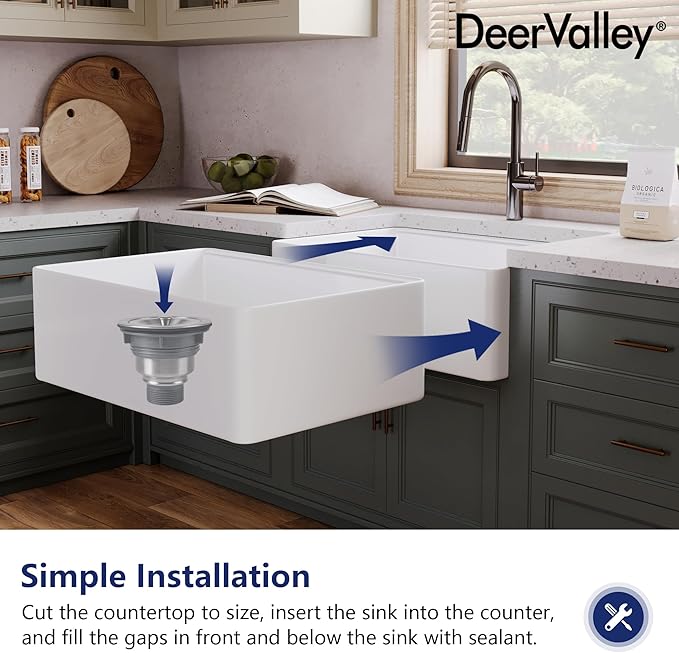 DeerValley Farmhouse Kitchen Sink Workstation 30 inch, White Fireclay Apron Front Farm Sinks, Single Bowl Deep Drop In Undermount Sink with Accessories