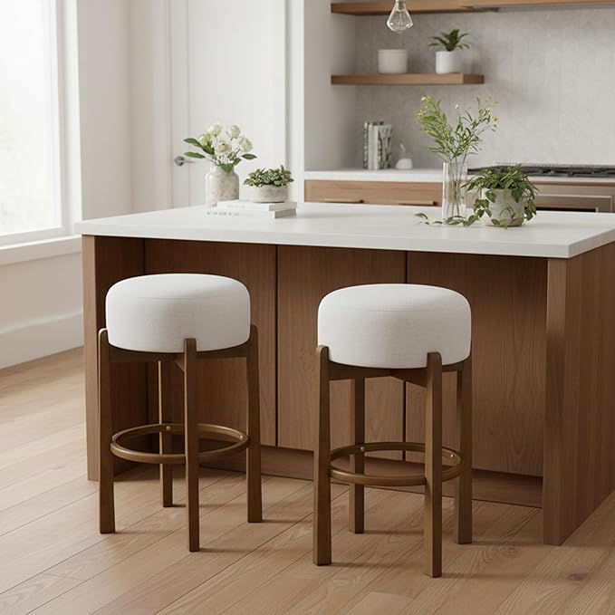 Set of 2 Bar Stools for Kitchen Island, Solid Rubberwood Counter Height Chairs with Dark Walnut Frame & Ivory Cushion, Mid-Century Modern Indoor Dining Stools with Footrest (2, Dark Walnut)