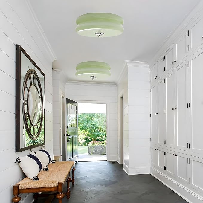 Bofea- French Retro Semi Flush Ceiling Light, Mint Green Glass LED Round Ceiling Lamp, Nordic Minimalism Flush Green Glass Light for Bedroom Corridor&Dining Room