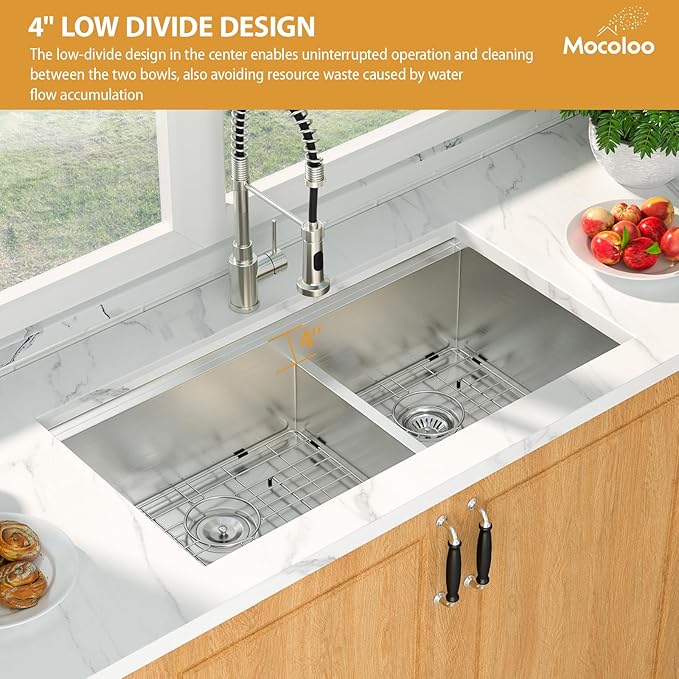 36 Inch Double Bowl Kitchen Sink - Mocoloo 36 x 19 Undermount Kitchen Sinks Workstation 16 Gauge Stainless Steel 60/40 Double Sink Handmade with 2 Compartment Sinks