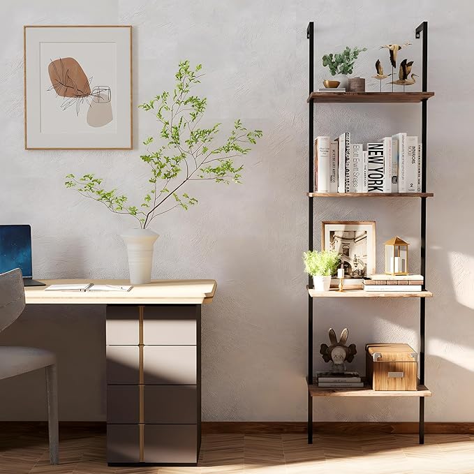 Wolawu Ladder Shelf 4 Tiers Metal Industrial Bookshelf,Brown Wood Tall Open Storage Rack and Display Shelves,Wall Mount Wide Book Case for Home Office Bedroom,Small