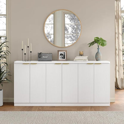 Yanosaku 70" Large Buffet Sideboard Cabinet, Fluted Cabinet 6 Doors, Buffet Table Coffee Bar Wine Bar Storage Cabinet for Dining Room, Living Room, White