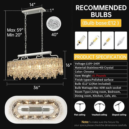 12-Lights Modern Luxury Crystal Chandeliers for Dining Room Light Fixtures Over Table | L36 Chrome Crystal Kitchen Island Lighting | Oval Hanging Chandeliers for Living Room Kitchen Bathroom