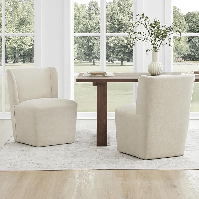 KISLOT Upholstered Dining Chairs Set of 1 with Casters, Wingback Modern Side Armless Deskchair with Rollers for Diningroom Bedroom Livingroom Reading Room, Cream Beige Fabric