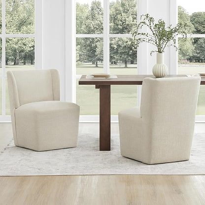 KISLOT Upholstered Dining Chairs Set of 1 with Casters, Wingback Modern Side Armless Deskchair with Rollers for Diningroom Bedroom Livingroom Reading Room, Cream Beige Fabric