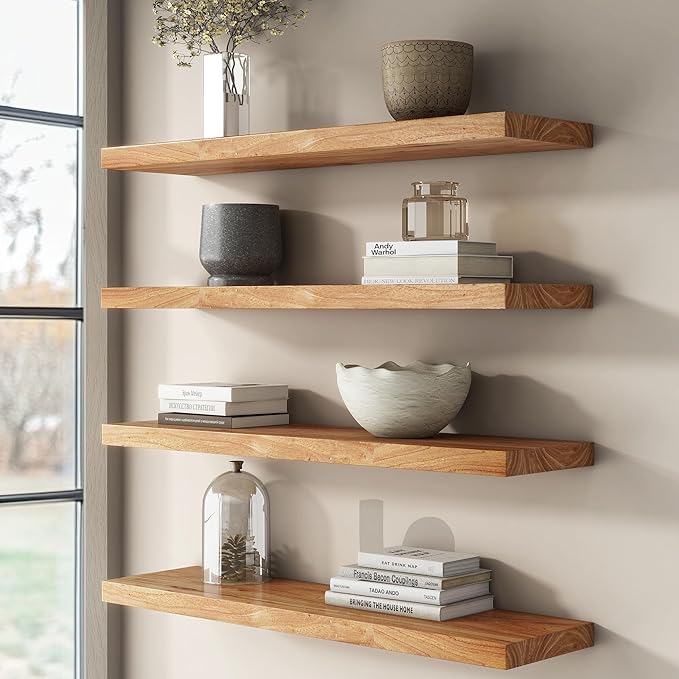 Venusmiles Reclaimed Elm Wood Floating Shelf for Wall, Flat Edge 72" W x 9.2" D x 1.4" H, Large Invisible Wall Mounted Shelf for Living Room Bedroom Kitchen Bathroom Decor, Natural Finish 1 Pack