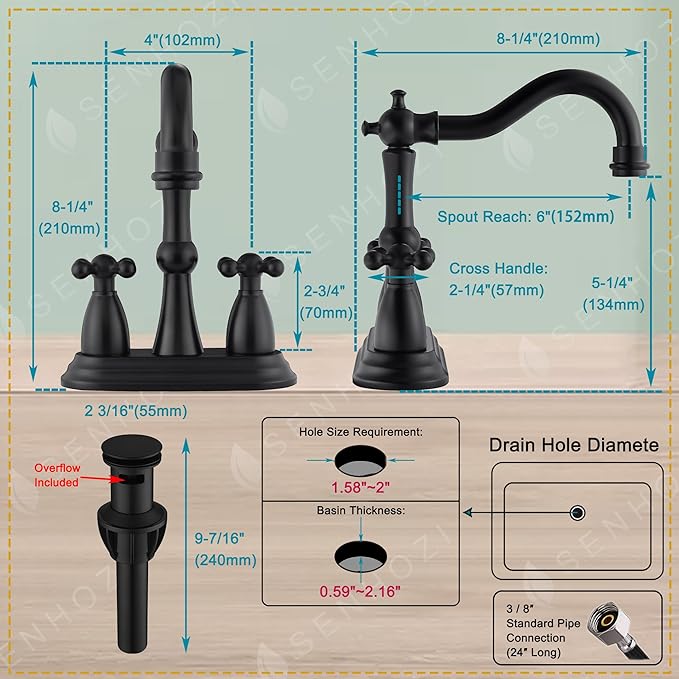 Matte Black Bathroom Faucet Antique, 4 Inch Centerset Bathroom Faucet 3 Hole, Stainless Steel Antique Bathroom Faucet Lavatory Faucet with Pop Up Drain Assembly and Supply Hose, SE-0038-BK