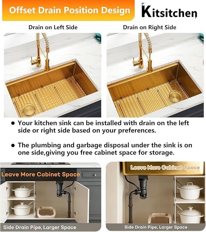 Kitsitchen Gold Undermount Kitchen Sink 23 Inch,16 Gauge Stainless Steel Single Bowl Undermount Sink,Workstation Kitchen Sinks with Accessories,Round Corner & Offset Drain Design (23" X 18"X 10")