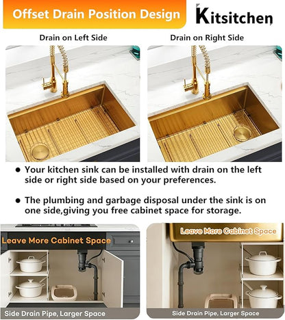 Kitsitchen Gold Undermount Kitchen Sink 23 Inch,16 Gauge Stainless Steel Single Bowl Undermount Sink,Workstation Kitchen Sinks with Accessories,Round Corner & Offset Drain Design (23" X 18"X 10")