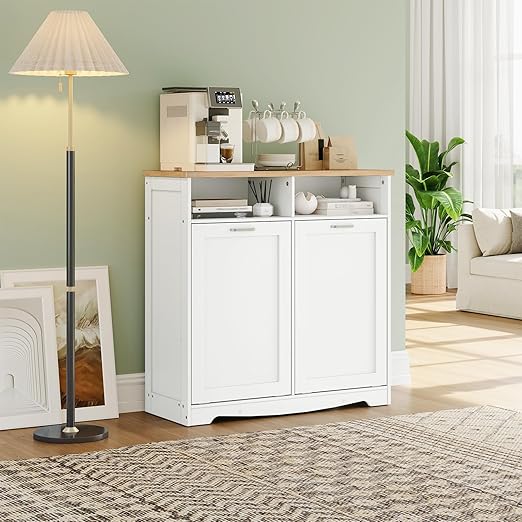 HOOBRO Double Tilt Out Trash Can Cabinet, 20 Gallon Kitchen Trash Bin Cabinet, Hidden Trash Storage with Open Compartments, Hidden Laundry Hamper, for Kitchen, Laundry, White and Natural WN04LJ01