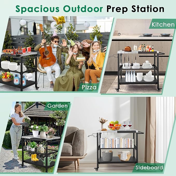 Outdoor Grill Cart,36 Inch Stainless Steel Pizza Oven Table with Lockable Wheels, Hooks & Adjustable Mesh, Metal Kitchen Cart Island, Black(36.2'' D x 19.6''W x 31.4''H)
