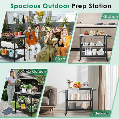 Outdoor Grill Cart,36 Inch Stainless Steel Pizza Oven Table with Lockable Wheels, Hooks & Adjustable Mesh, Metal Kitchen Cart Island, Black(36.2'' D x 19.6''W x 31.4''H)