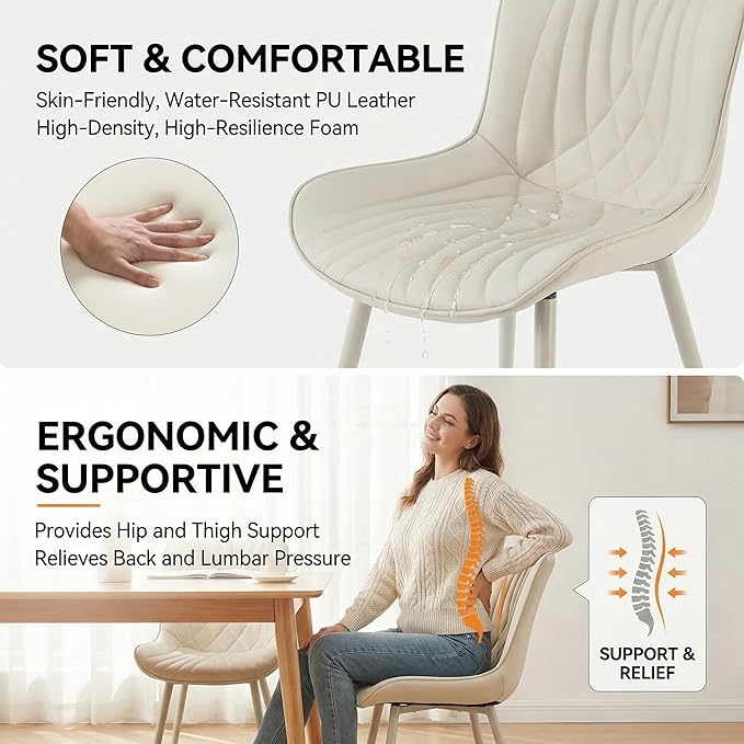 Kidol & Shellder Dining Chairs Set of 2, Mid Century Modern Kitchen Chairs with Metel Legs, PU Leather Upholstered Side Chair for Dining Room, Living Room, Lounge, Restaurant, Cream