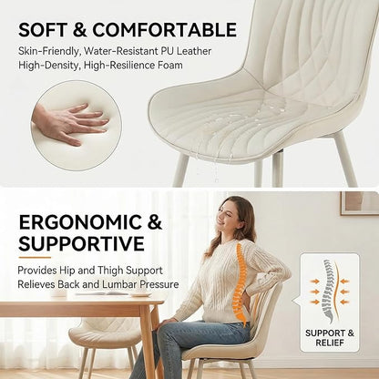 Kidol & Shellder Dining Chairs Set of 2, Mid Century Modern Kitchen Chairs with Metel Legs, PU Leather Upholstered Side Chair for Dining Room, Living Room, Lounge, Restaurant, Cream